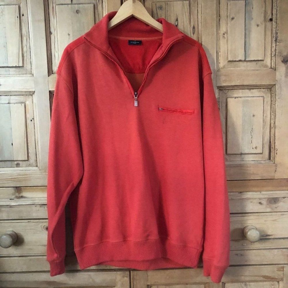 Daniel Hechter Mens Size XL Orange 1/4 Zip Sweater Pullover Breast Pocket Cotton
